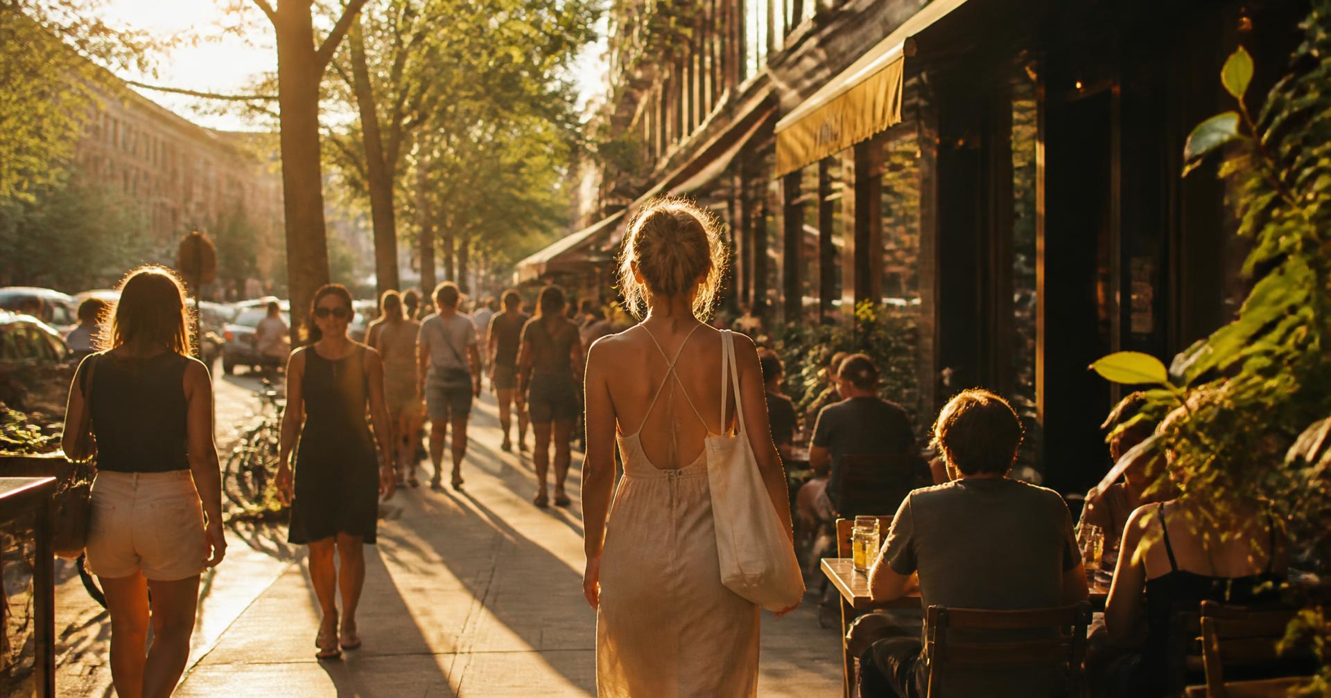 Golden-hour neighborhood street with local shops and cafés