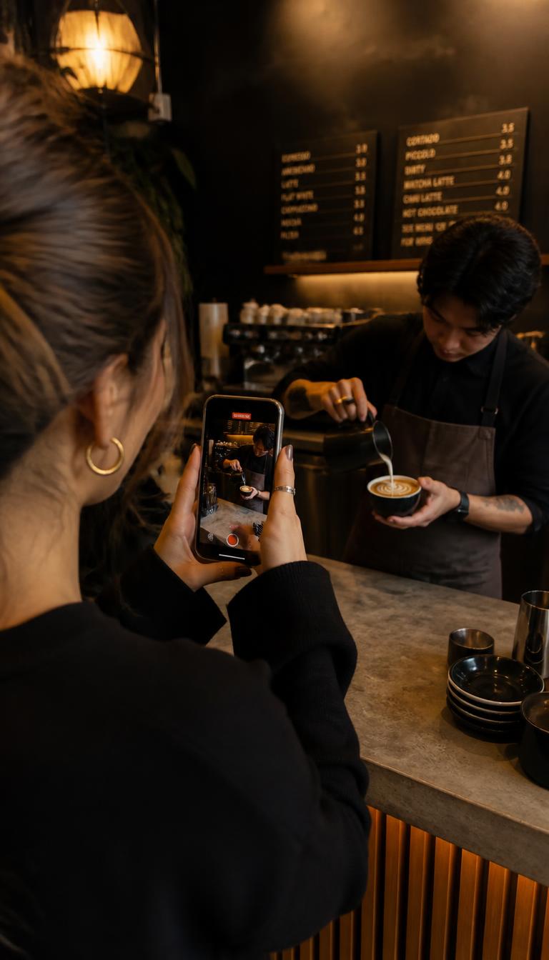 Creator filming a barista pouring latte art