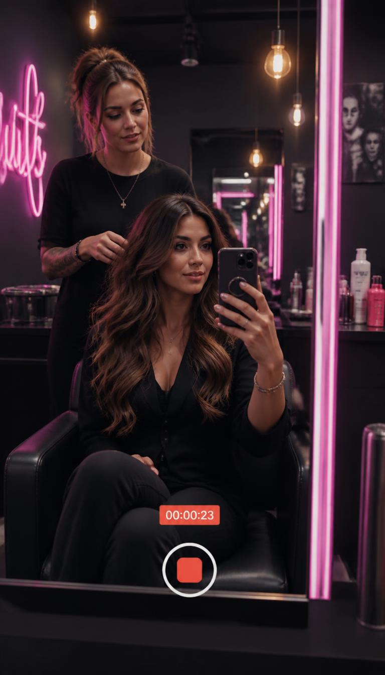 Creator filming a salon hair reveal
