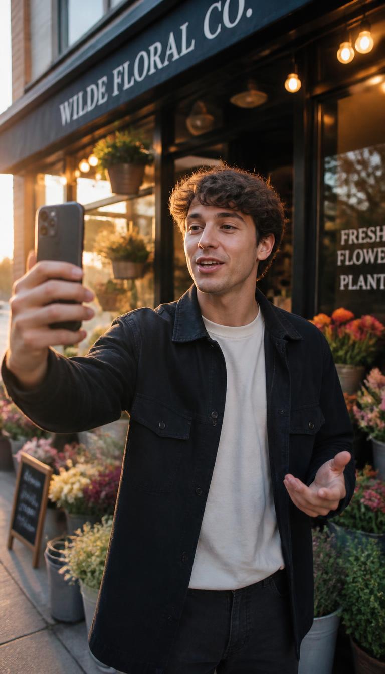 Creator filming outside a local flower shop