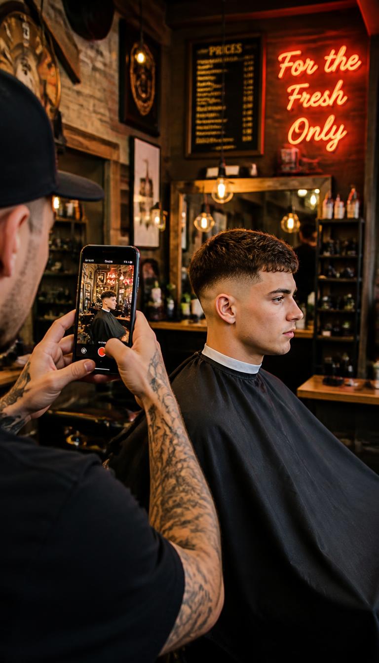 Barber filming a haircut reveal