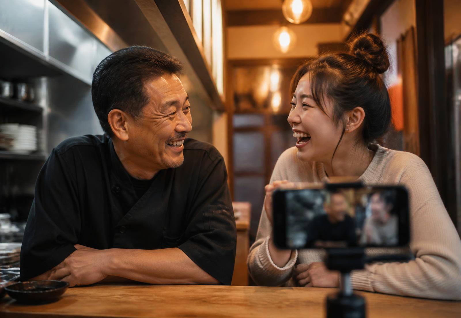Business owner and local creator filming content together